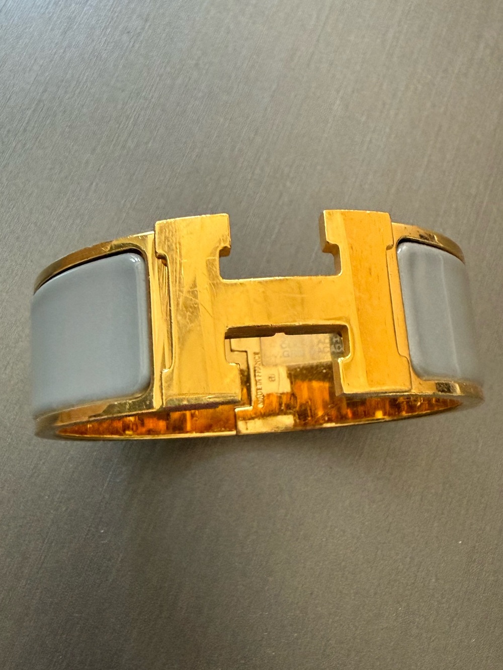 Hermes Gold-Tone H clic clac Bracelet with Light Gray Enamel authentic guarantee